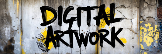 Graffiti-style text 'Digital Artwork' in bold black lettering with a yellow accent, displayed on a weathered concrete wall background.