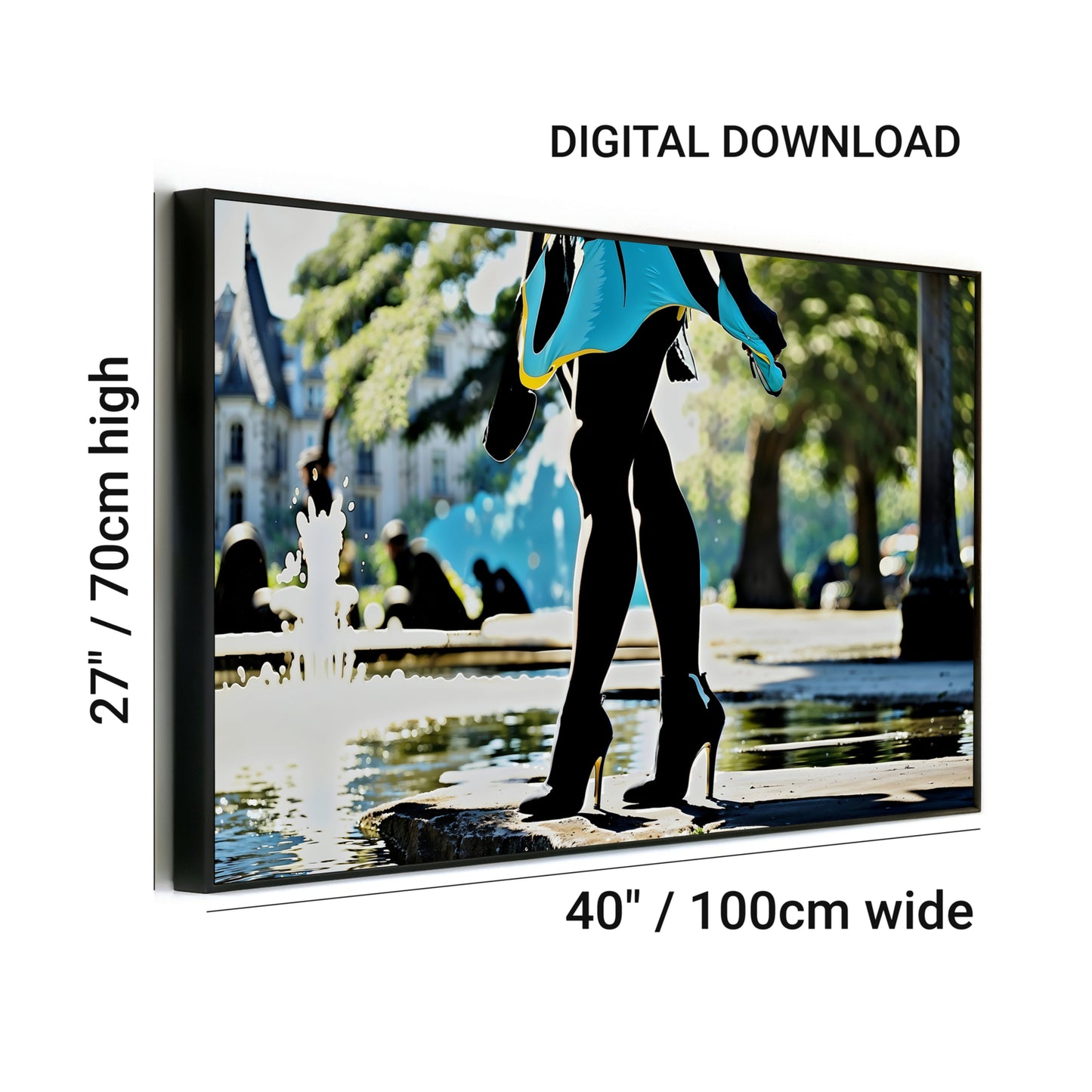 City Park Silhouette | Elegant Woman with Blue Skirt and High Heels by Fountain | Striking Urban Art | 100 x 70 cm - Arts To GloryCity Park Silhouette | Elegant Woman with Blue Skirt and High Heels by Fountain | Striking Urban Art | 100 x 70 cmColourful ExpressionsArts To GloryArts to Glory digital art print featuring a silhouette of a woman in a blue skirt and high heels by a city park fountain, branded with the Arts to Glory logo.