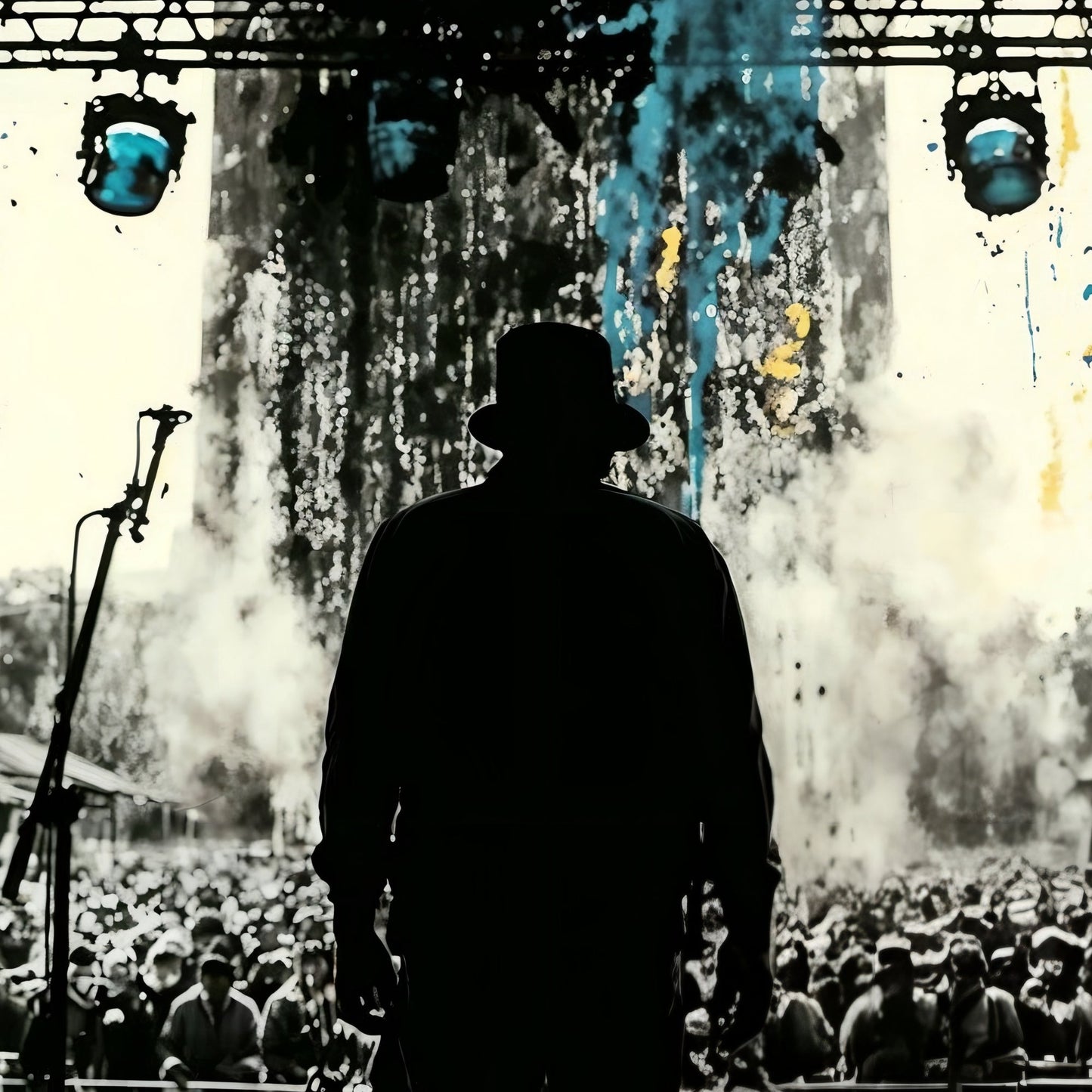 Band Silhouette - Arts To GloryBand SilhouetteDigital Wall ArtArts To GloryClose - up of textured Dynamic Band Stage Silhouette with yellow and blue splashes on a monochrome scene, highlighting dynamic energy by Arts To Glory.