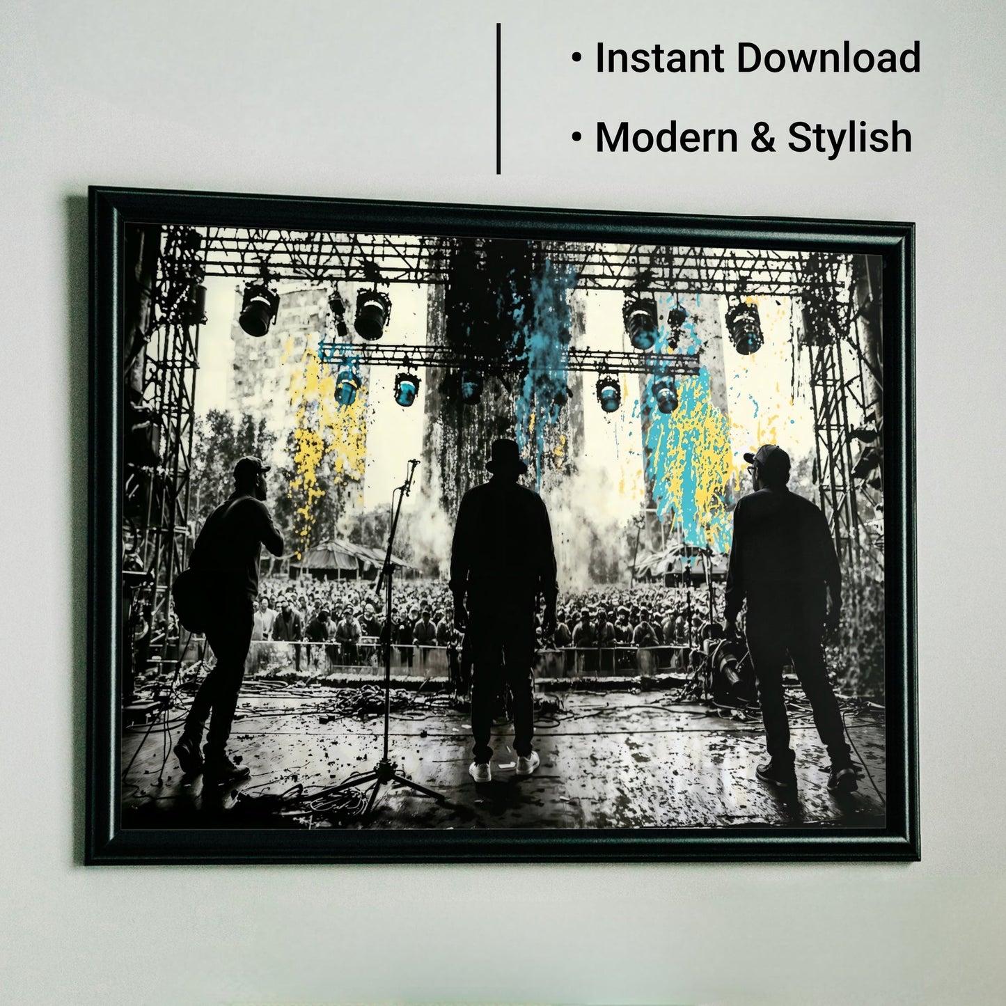 Band Silhouette - Arts To GloryBand SilhouetteDigital Wall ArtArts To GloryUrban wall art featuring Dynamic Band Stage Silhouette in a sleek black frame with text overlay reading “Instant Download” and “Modern & Stylish” by Arts To Glory.