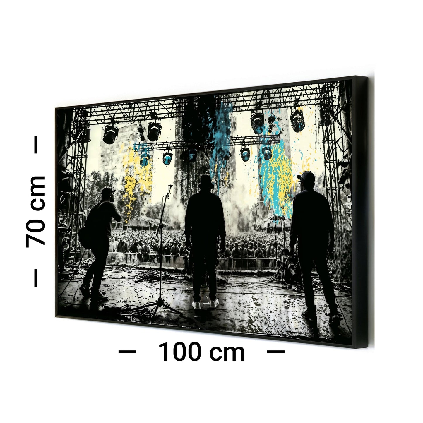 Band Silhouette - Arts To GloryBand SilhouetteDigital Wall ArtArts To GloryAngled framed mock - up of Dynamic Band Stage Silhouette with 100 x 70 cm size labels, set against a white background for scale, by Arts To Glory.
