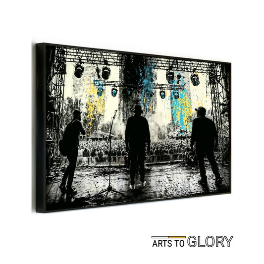 Band Silhouette - Arts To GloryBand SilhouetteDigital Wall ArtArts To GloryMock - up of Dynamic Band Stage Silhouette with vibrant yellow and blue splashes on a gritty monochrome scene, framed with Arts To Glory branding.