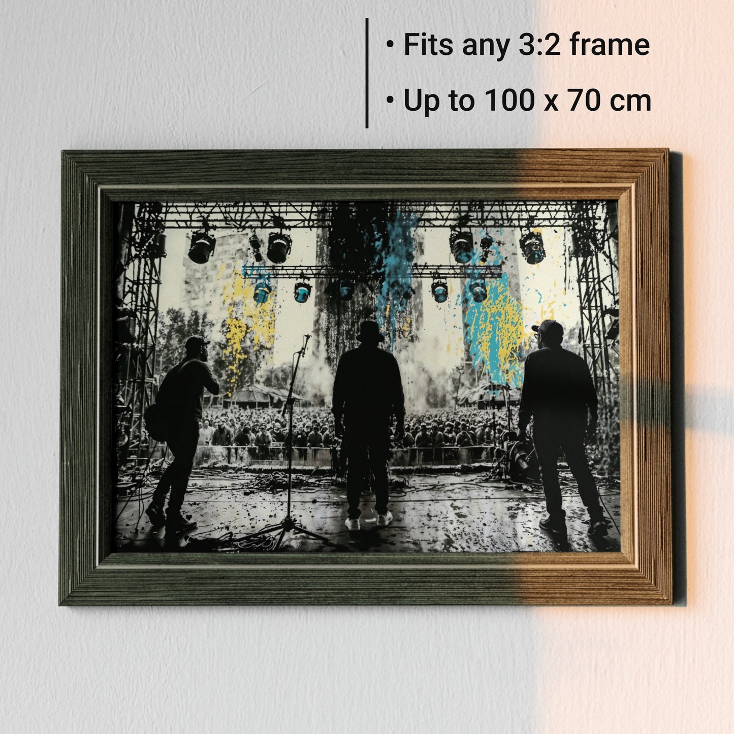 Band Silhouette - Arts To GloryBand SilhouetteDigital Wall ArtArts To GloryDigital artwork of Dynamic Band Stage Silhouette in a rustic wooden frame, set against a pale wall with size guide overlay, branded by Arts To Glory.
