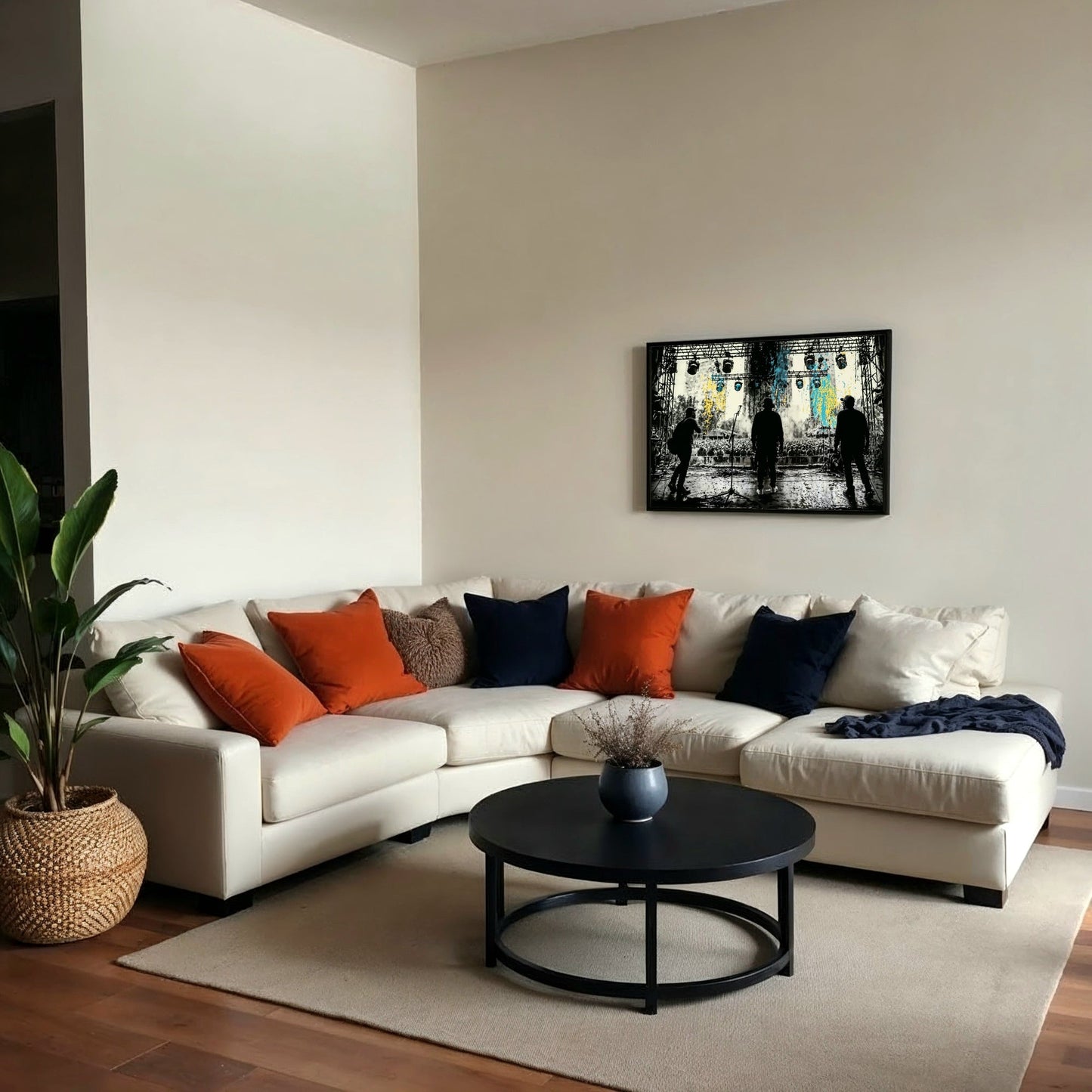 Band Silhouette - Arts To GloryBand SilhouetteDigital Wall ArtArts To GloryUrban digital artwork of Dynamic Band Stage Silhouette hung above a cream corner sofa with navy pillows in a softly lit lounge, by Arts To Glory.