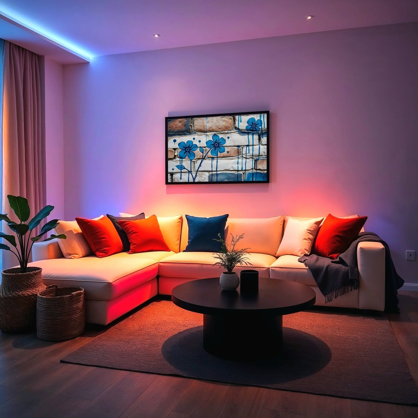 Blue Floral Brick Texture - Arts To GloryBlue Floral Brick TextureDigital Wall ArtArts To GloryA modern living room with moody evening lighting, featuring a framed blue graffiti floral artwork against a sleek industrial - style backdrop.