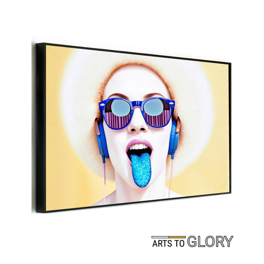 Blue Tongue Blue Headphones - Arts To GloryBlue Tongue Blue HeadphonesDigital Wall ArtArts To GlorySurreal pop - art portrait with glitter blue tongue, headphones, and blue sunglasses on yellow background – bold digital wall art.