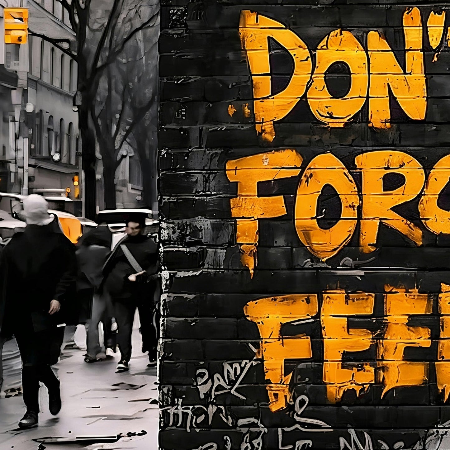 Don't Force...Feel - Arts To GloryDon't Force...FeelDigital Wall ArtArts To GloryClose - up of textured yellow "Don't Force... Feel" graffiti on a weathered brick wall layered with monochrome street elements, highlighting the spray - painted drips.