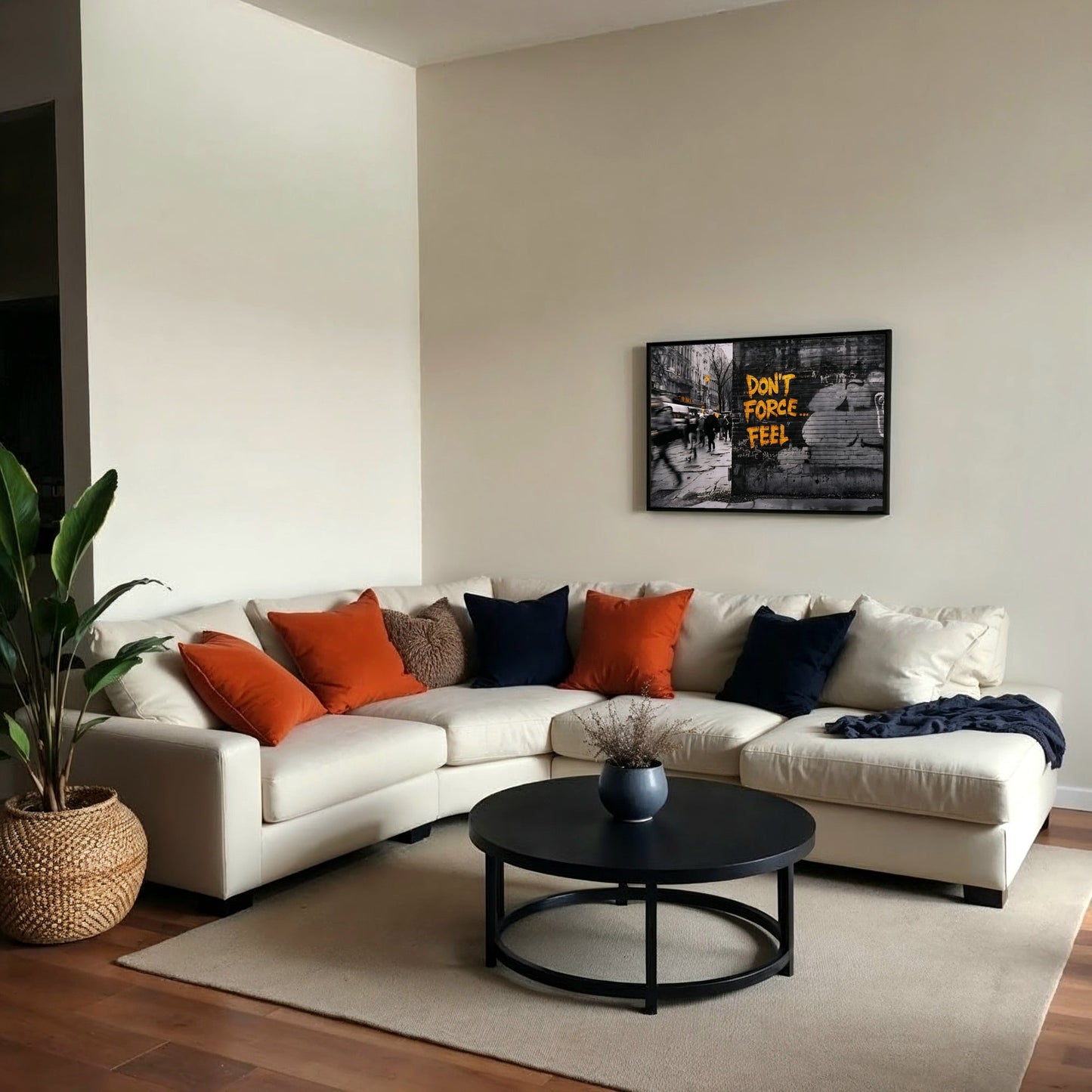 Don't Force...Feel - Arts To GloryDon't Force...FeelDigital Wall ArtArts To GloryUrban digital artwork of "Don't Force... Feel" yellow graffiti on a brick wall, hung above a cream corner sofa with charcoal and amber pillows in a softly lit modern lounge.