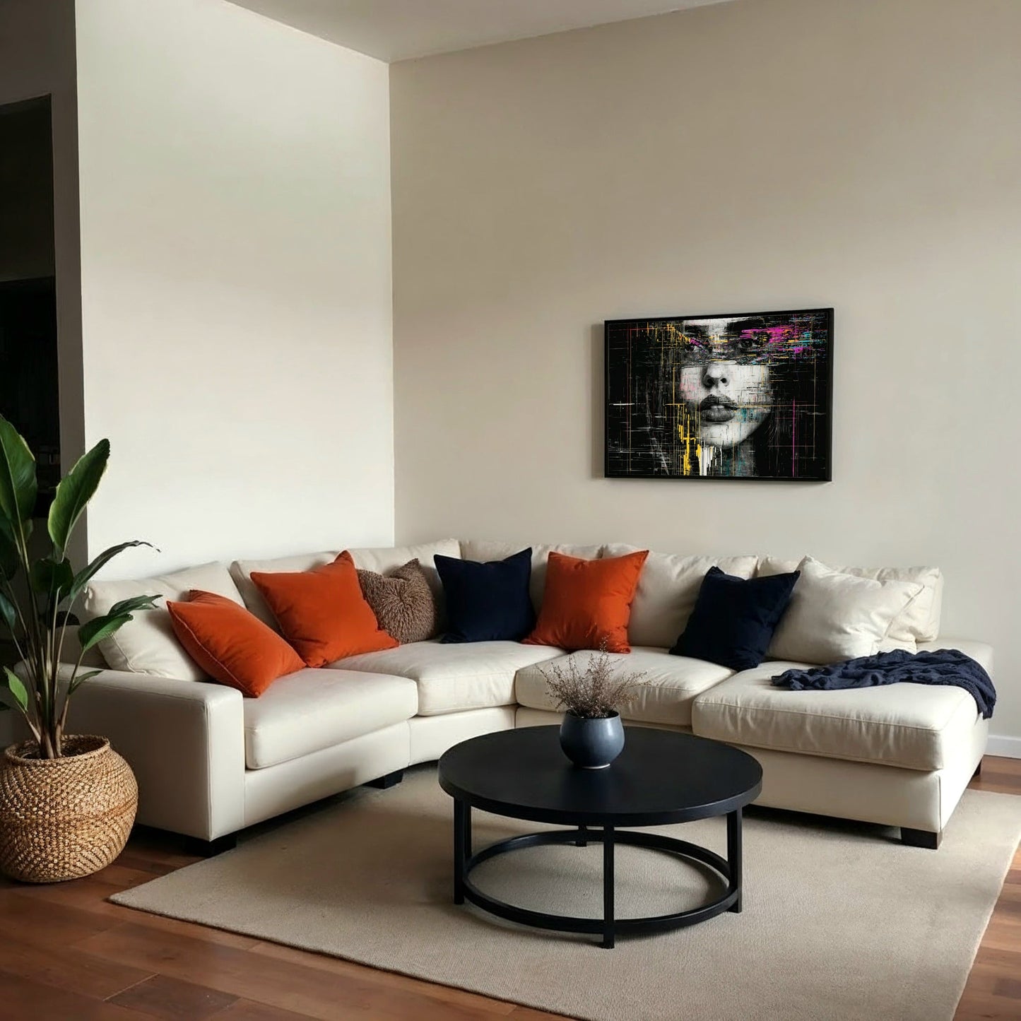 Glitch Portrait - Arts To GloryGlitch PortraitDigital Wall ArtArts To GloryUrban digital artwork of Bold Glitch Portrait hung above a cream corner sofa with navy pillows in a softly lit lounge, by Arts To Glory.