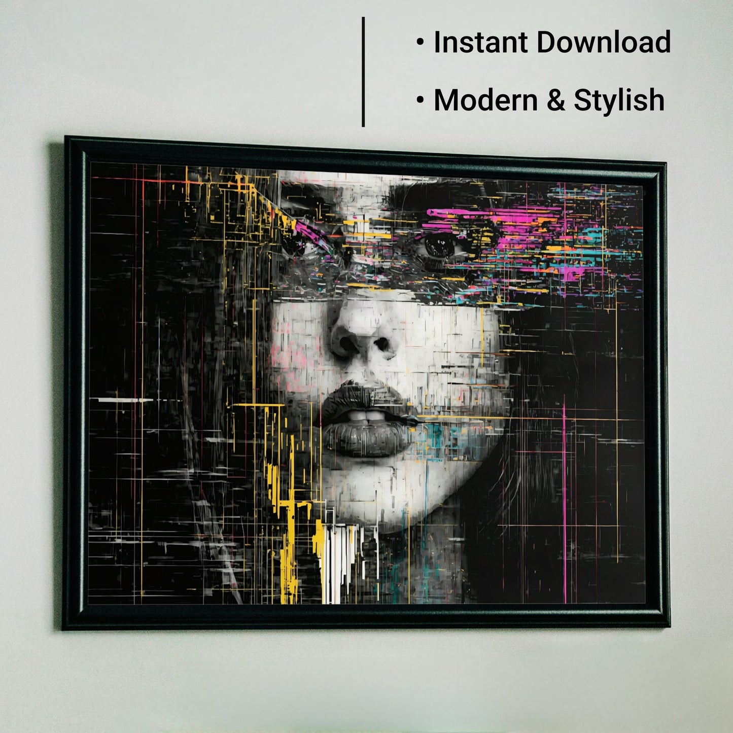 Glitch Portrait - Arts To GloryGlitch PortraitDigital Wall ArtArts To GloryUrban wall art featuring Bold Glitch Portrait in a sleek black frame with text overlay reading “Instant Download” and “Modern & Stylish” by Arts To Glory.
