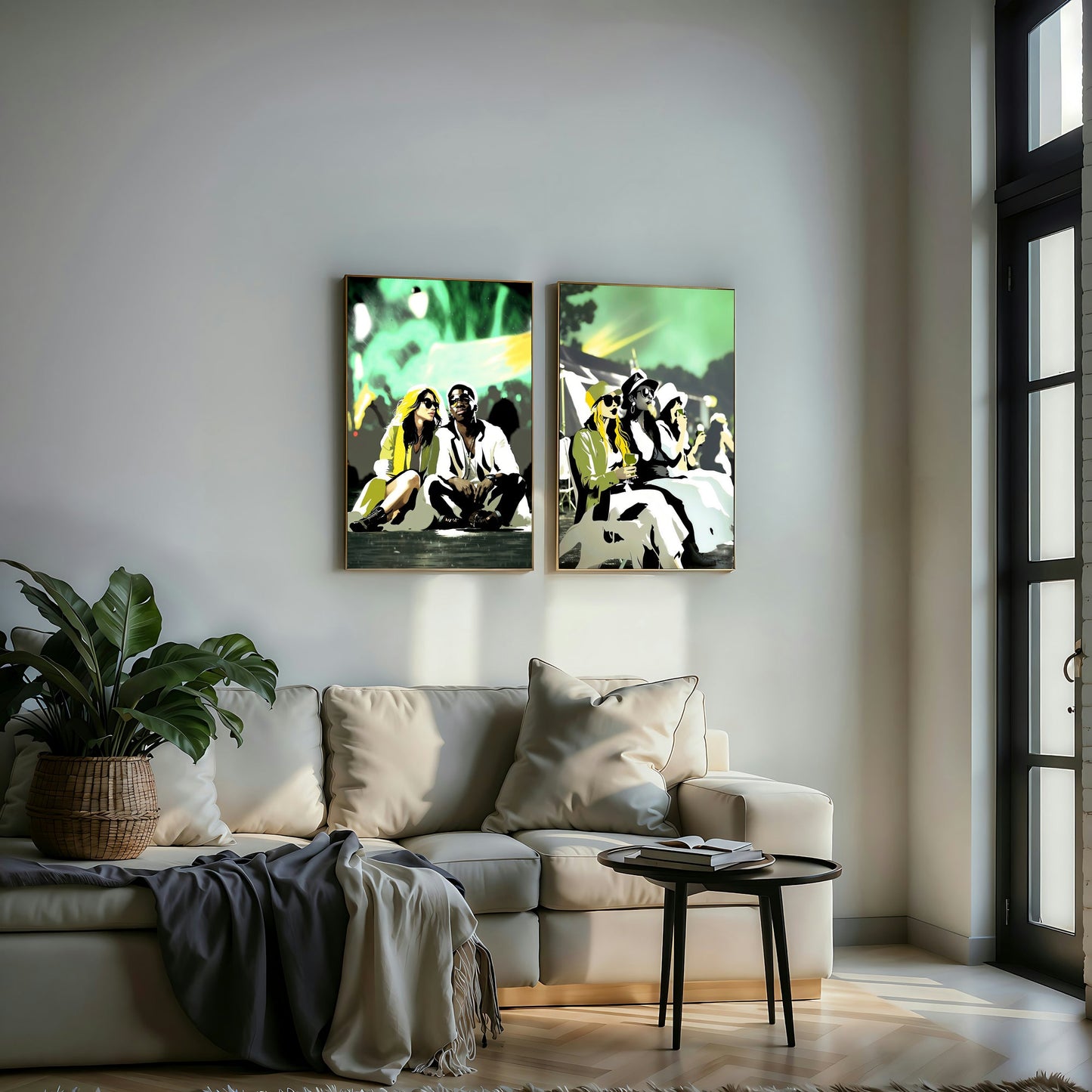 Green Festival Vibes Art Set | Friends and Couple at Music Festival | Modern Wall Art | 2 Pieces | Digital Download | 61 x 91 cm (24 x 36 inches) - Arts To GloryGreen Festival Vibes Art Set | Friends and Couple at Music Festival | Modern Wall Art | 2 Pieces | Digital Download | 61 x 91 cm (24 x 36 inches)Colourful ExpressionsArts To GloryModern wall art set of two vertical pieces featuring friends and a couple at a music festival with vibrant green hues, displayed in a stylish living room above