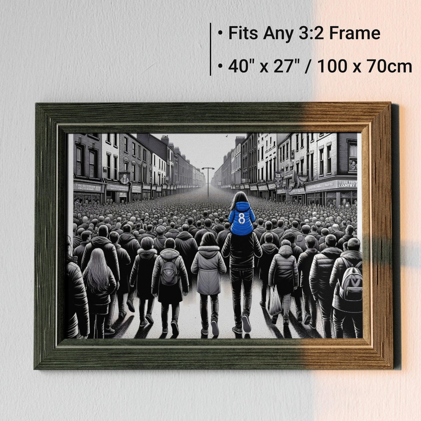 Match Days | Dad and Daughter at Football Game | Family Connection | Bold Royal Blue Accent | Digital Art | Home Decor | Digital Download | 100 x 70 cm - Arts To GloryMatch Days | Dad and Daughter at Football Game | Family Connection | Bold Royal Blue Accent | Digital Art | Home Decor | Digital Download | 100 x 70 cmDetailed & ComplexArts To GloryA heartwarming black and white wall art print suitable for any 3:2 frame, featuring a father and daughter in a blue jersey standing out in a crowd, mea