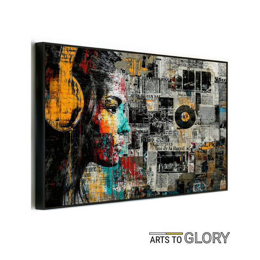 Newsprint Vinyl - Arts To GloryNewsprint VinylDigital Wall ArtArts To GloryMock - up of Urban Headphones Wall Art with a woman’s face in yellow headphones on a newspaper city wall with vinyl, branded by Arts To Glory.