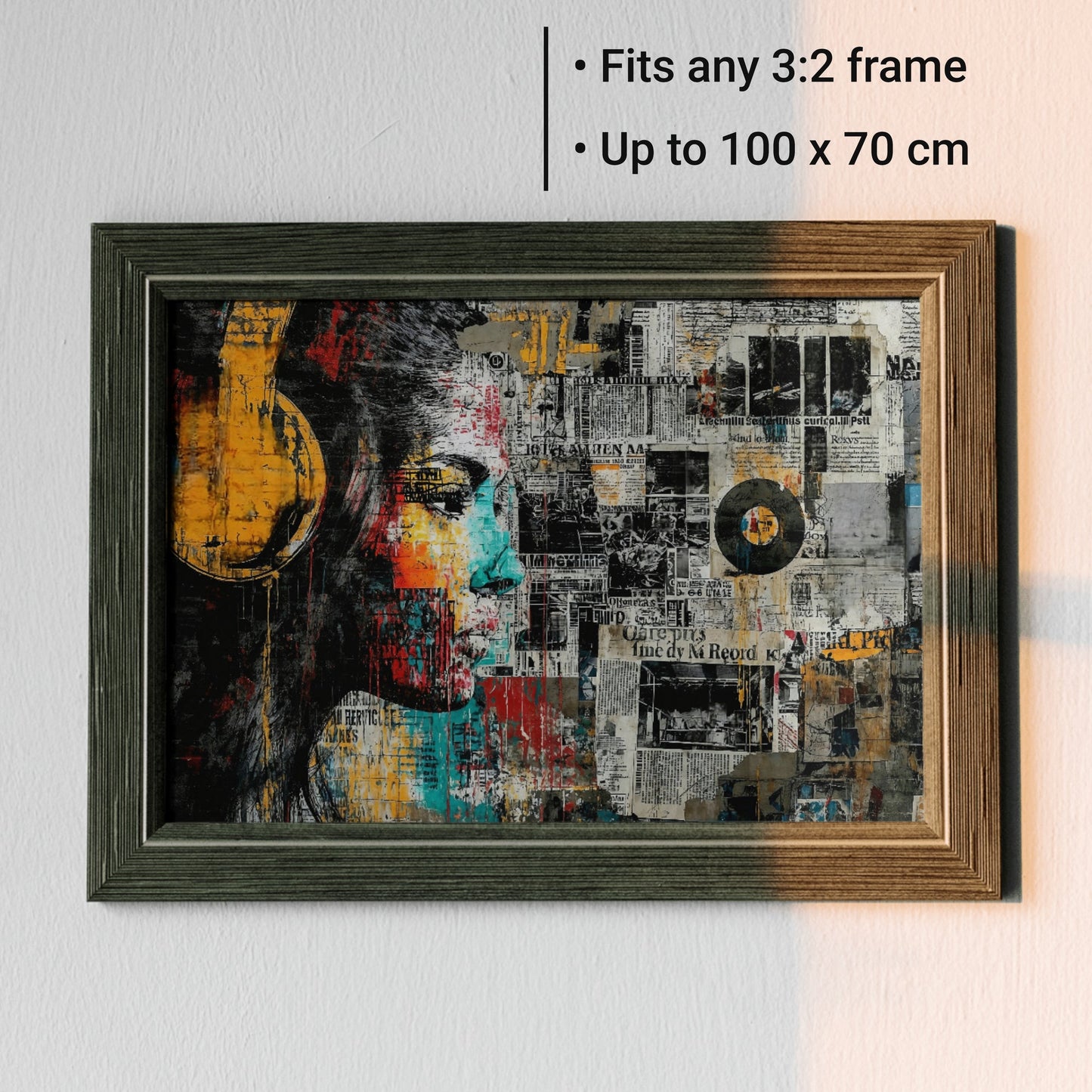 Newsprint Vinyl - Arts To GloryNewsprint VinylDigital Wall ArtArts To GloryDigital artwork of a woman with yellow headphones on a newsprint wall with vinyl in a wooden frame with size guide, by Arts To Glory.