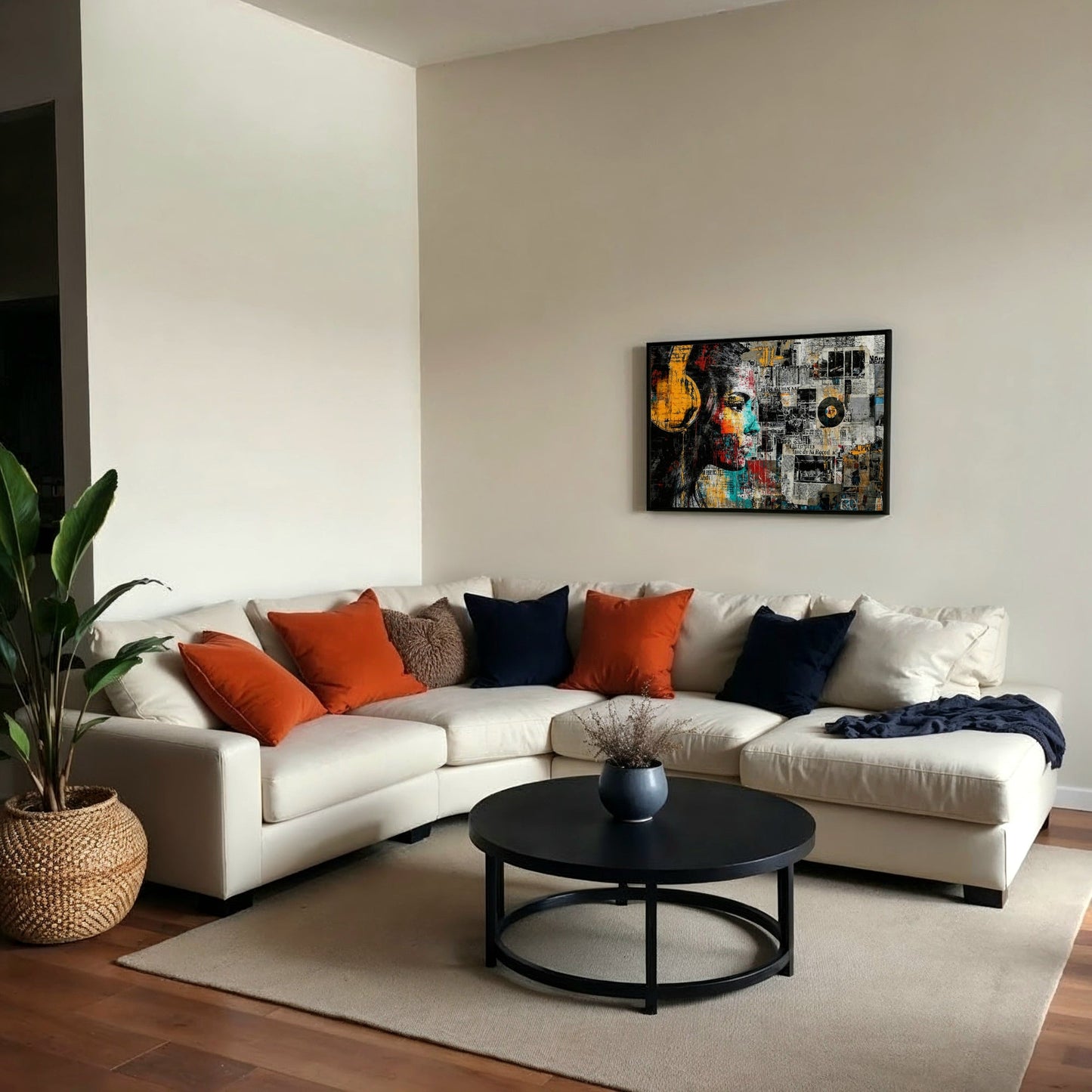 Newsprint Vinyl - Arts To GloryNewsprint VinylDigital Wall ArtArts To GloryDigital artwork of a woman with yellow headphones on a newsprint wall hung above a cream sofa in a neutral lounge, by Arts To Glory.