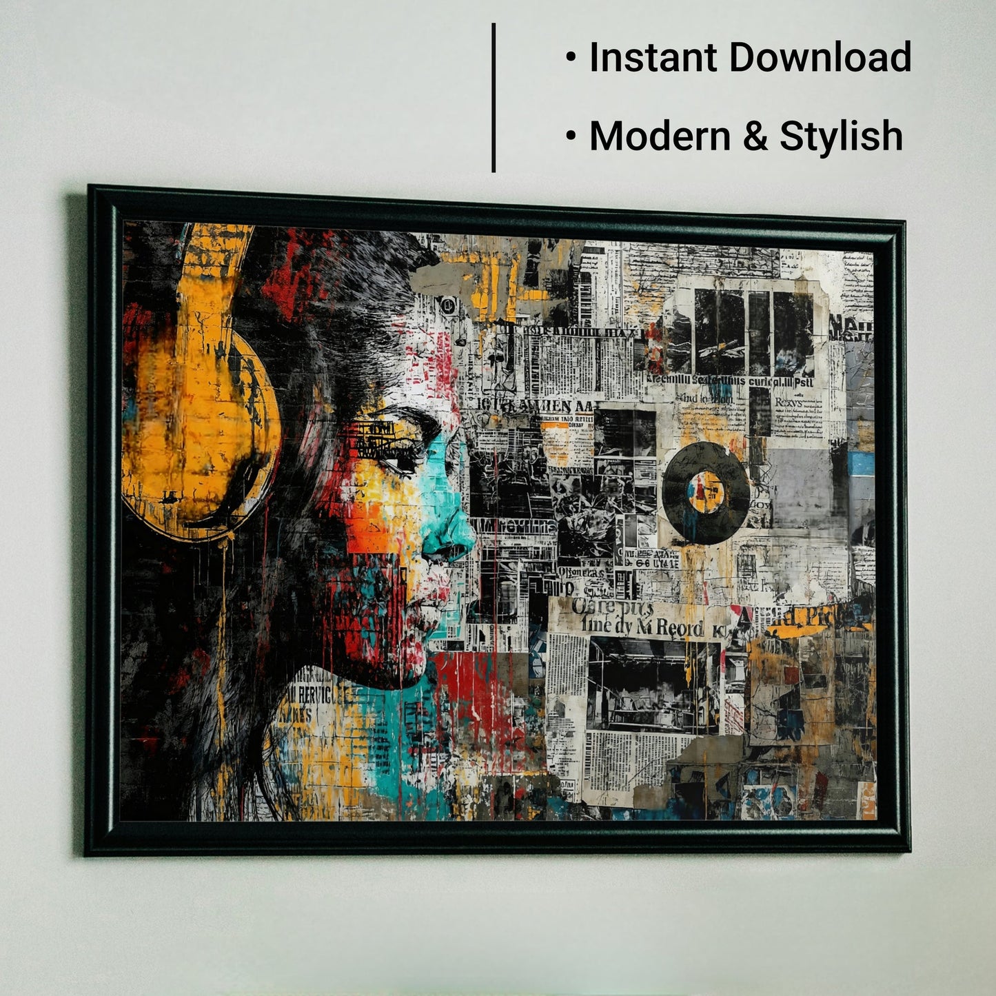 Newsprint Vinyl - Arts To GloryNewsprint VinylDigital Wall ArtArts To GloryUrban wall art of a woman with yellow headphones on a newsprint wall with vinyl, framed with “Instant Download” text by Arts To Glory.