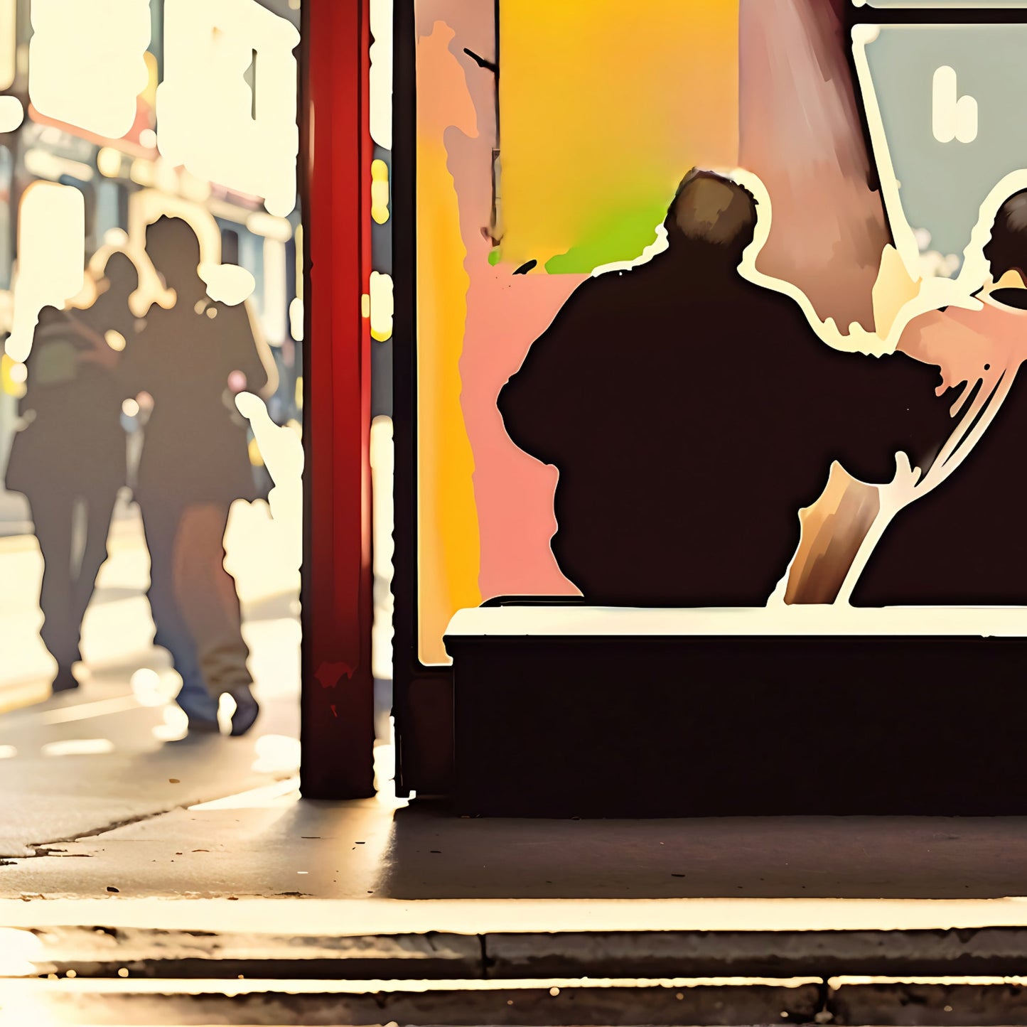 People on Bus Stop Bench | Evening Silhouettes Wall Art in Black & Palm Red | Bold Contrast Design | Home Decor | Digital Download | 100 x 70 cm | Wide Format Digital Print - Arts To GloryPeople on Bus Stop Bench | Evening Silhouettes Wall Art in Black & Palm Red | Bold Contrast Design | Home Decor | Digital Download | 100 x 70 cm | Wide Format Digital PrintColourful ExpressionsArts To GloryClose-up of digital art showcasing a vibrant bus stop scene with silhouetted figures against an abstract s