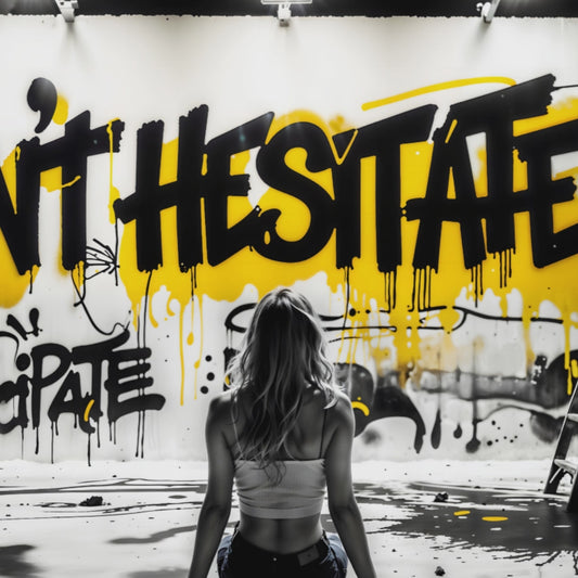 Zoom-in video of graffiti artwork titled 'Don't Hesitate' with bold black and yellow text, showcasing detailed urban art by Arts to Glory.