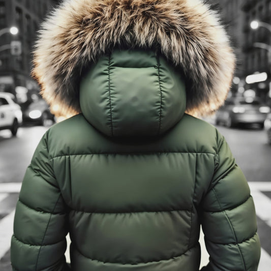 Video zooming in on the green puffer jacket artwork set against a monochrome cityscape, emphasising colour contrast.