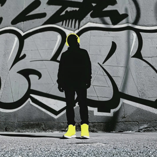 Video - Silhouette Streetwear - Arts To Glory. Silhouette Streetwear. Digital Wall Art Arts To Glory. Urban - style digital artwork featuring a bold silhouette in yellow footwear and headphones on a gritty street.