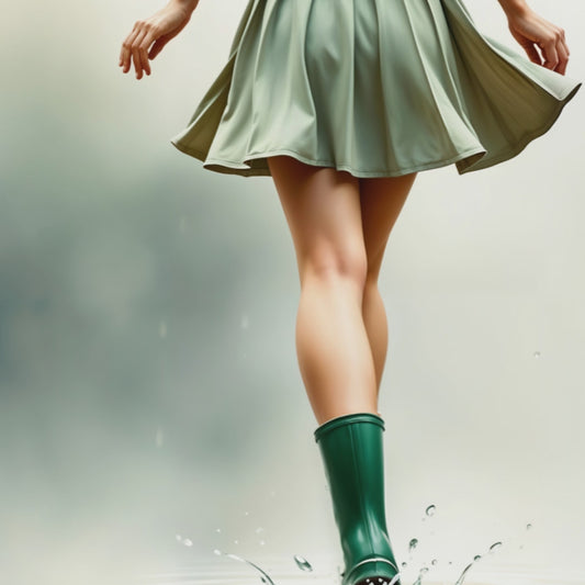Video showcasing a close-up of the artwork featuring a woman wearing green wellies splashing through a puddle, emphasizing movement and vibrant green tones in a modern décor setting.