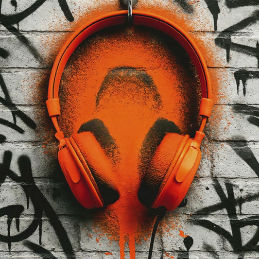 Orange Headphones Rough - Arts To Glory minimalist urban digital artwork featuring orange headphones set against a rugged graffiti-covered brick wall representing Arts To Glory aesthetic.