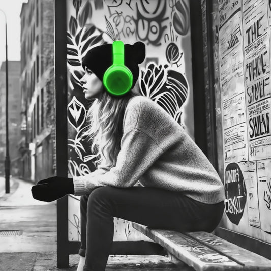 Video showcasing a close-up view of the digital artwork, focusing on the woman with green headphones at a graffiti-covered bus stop, highlighting the contrast of vivid green against a monochrome cityscape.
