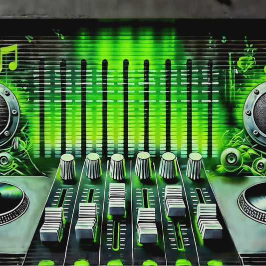 Video showcasing a close-up view of the "Music Storefront Graffiti Shutters" digital artwork with vivid neon green accents.