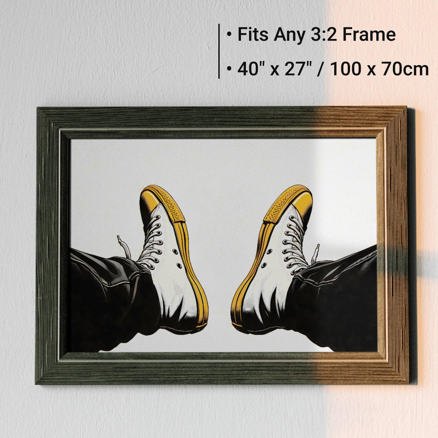 Step on, Sunshine | Bold Pumps Art with Yellow Accent | Monochrome Print | Home Decor | Digital Download | 101.6 x 68.58 cm (3:2 Ratio) - Arts To GloryStep on, Sunshine | Bold Pumps Art with Yellow Accent | Monochrome Print | Home Decor | Digital Download | 101.6 x 68.58 cm (3:2 Ratio)Simple & StrikingArts To GloryWall art print 'Step on, Sunshine: Bold Yellow Pumps' with dimensions 40"x27" or 100x70cm, showcasing classic high-top sneakers in monochrome with vivid yellow accents, designed to fit