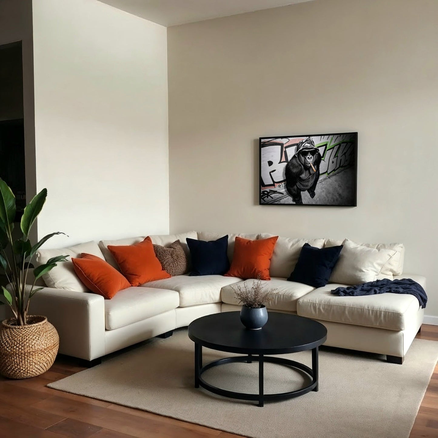 Urban Gorilla - Arts To GloryUrban GorillaDigital Wall ArtArts To GloryStreetwise gorilla digital artwork featured in a chic neutral living space, accented by soft furnishings and urban décor.