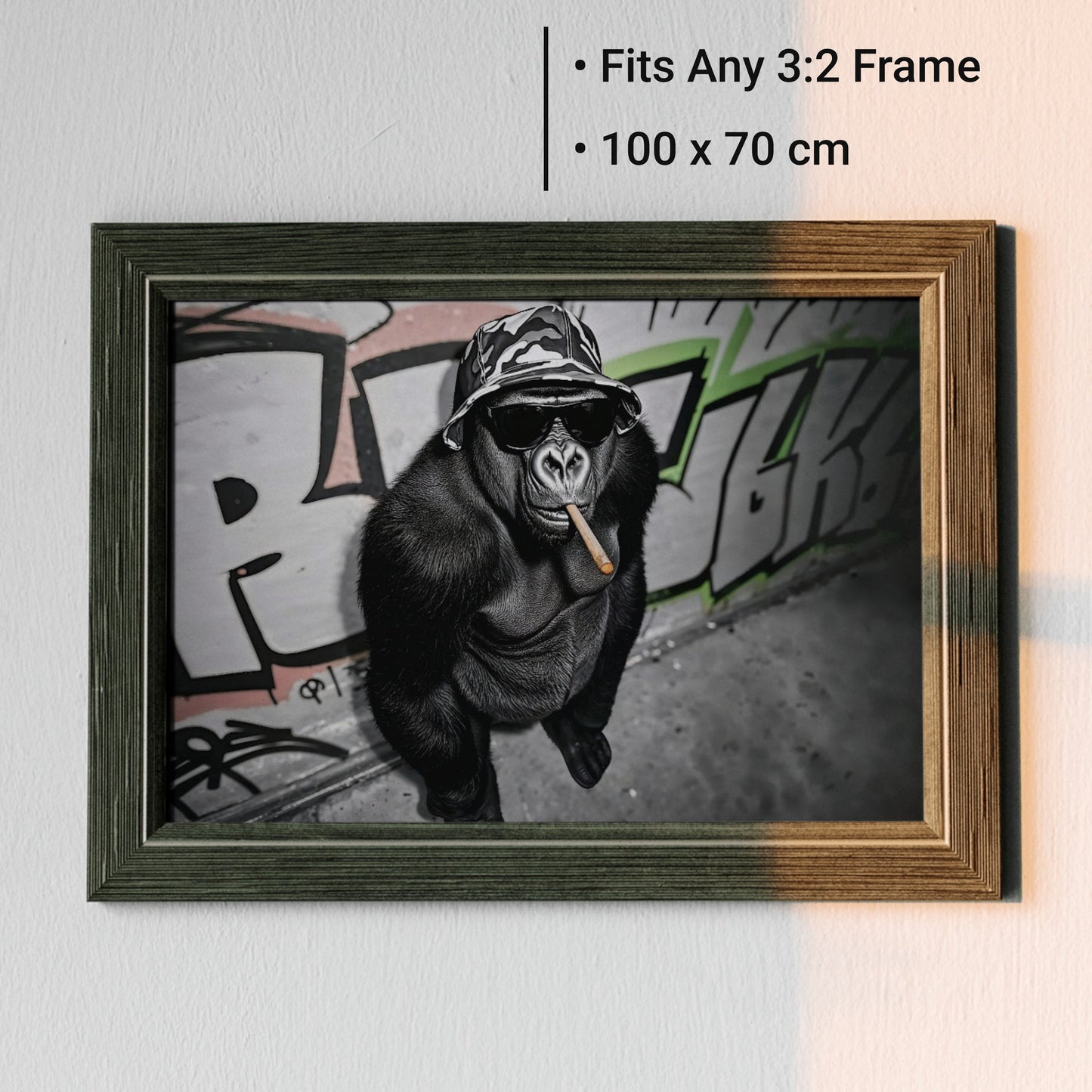 Urban Gorilla - Arts To GloryUrban GorillaDigital Wall ArtArts To GloryGorilla smoking a cigar digital print presented in a stylish wooden frame, displaying artwork dimensions clearly.