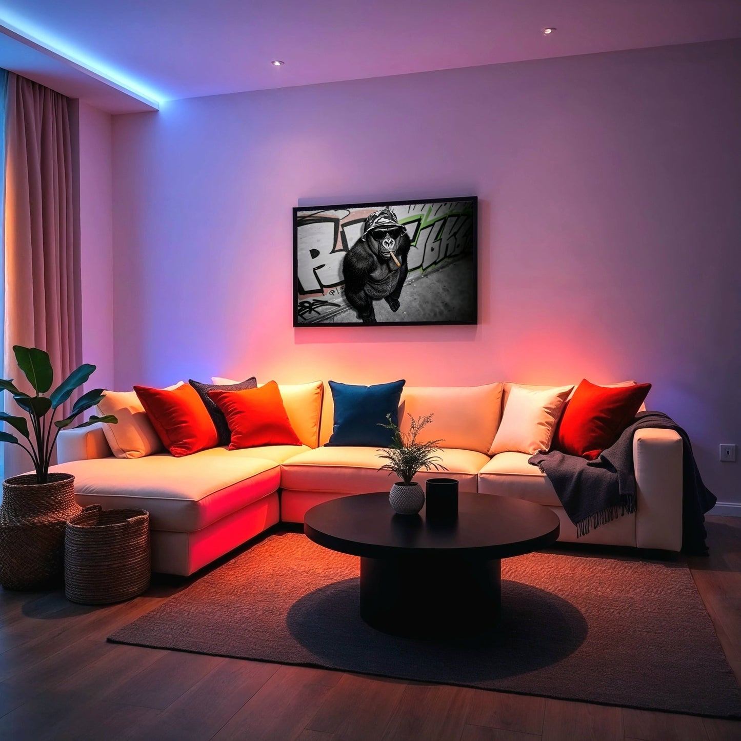 Urban Gorilla - Arts To GloryUrban GorillaDigital Wall ArtArts To GlorySophisticated urban gorilla artwork placed in a living room scene with dramatic LED lighting and contemporary styling.
