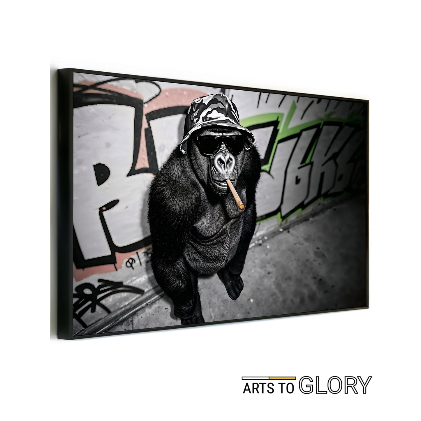 Urban Gorilla - Arts To GloryUrban GorillaDigital Wall ArtArts To GloryMain mock - up featuring a stylish monochrome gorilla smoking a cigar against vivid green graffiti, clearly branded Arts To Glory.