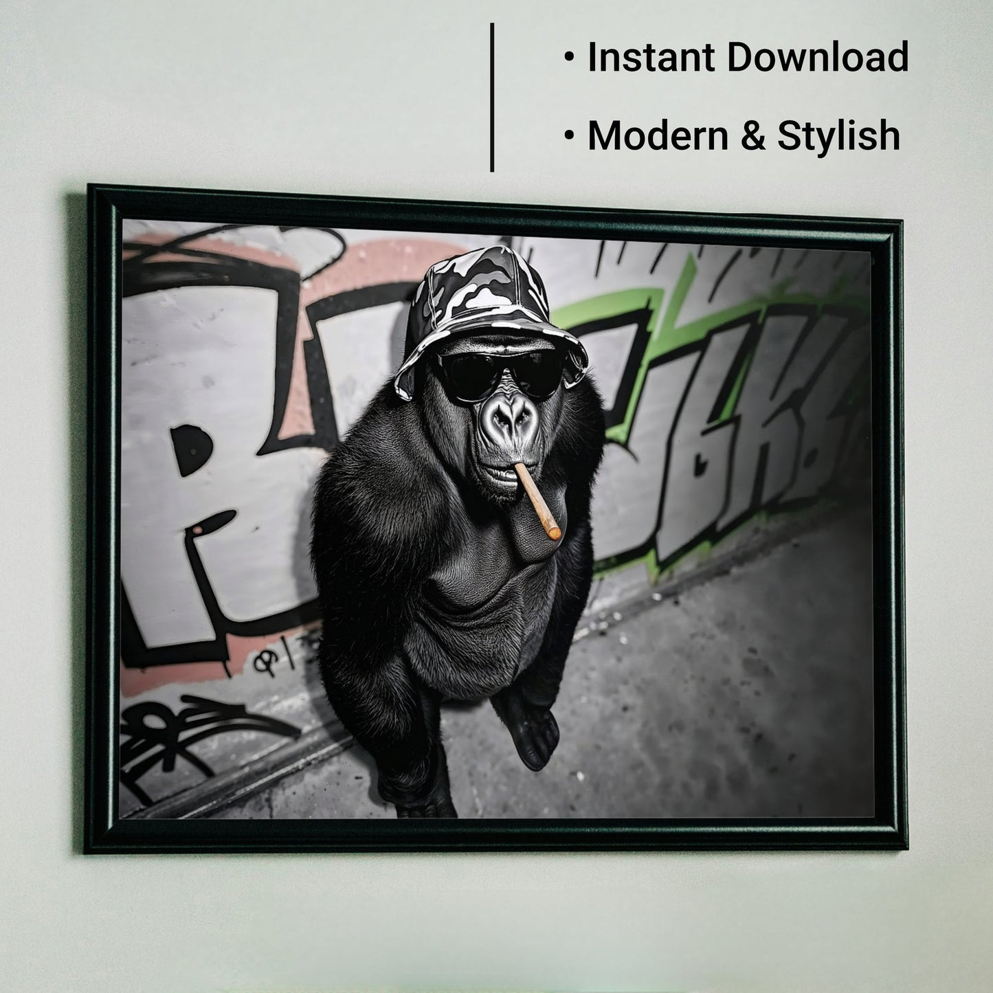 Urban Gorilla - Arts To GloryUrban GorillaDigital Wall ArtArts To GloryUrban street - style gorilla artwork displayed in a modern lounge interior with green accent cushions and contemporary décor.