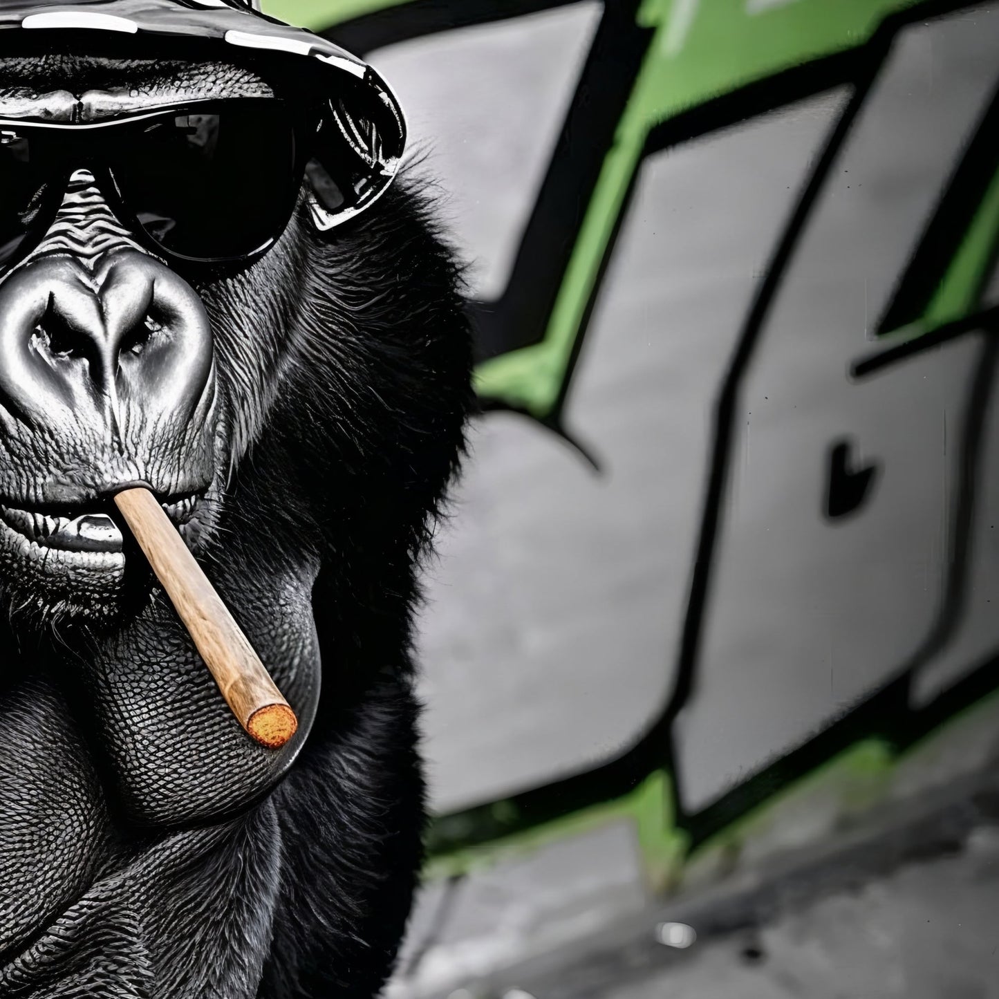 Urban Gorilla - Arts To GloryUrban GorillaDigital Wall ArtArts To GloryClose - up detail of a stylish gorilla wearing sunglasses and smoking a cigar, highlighted by vibrant green graffiti backdrop.