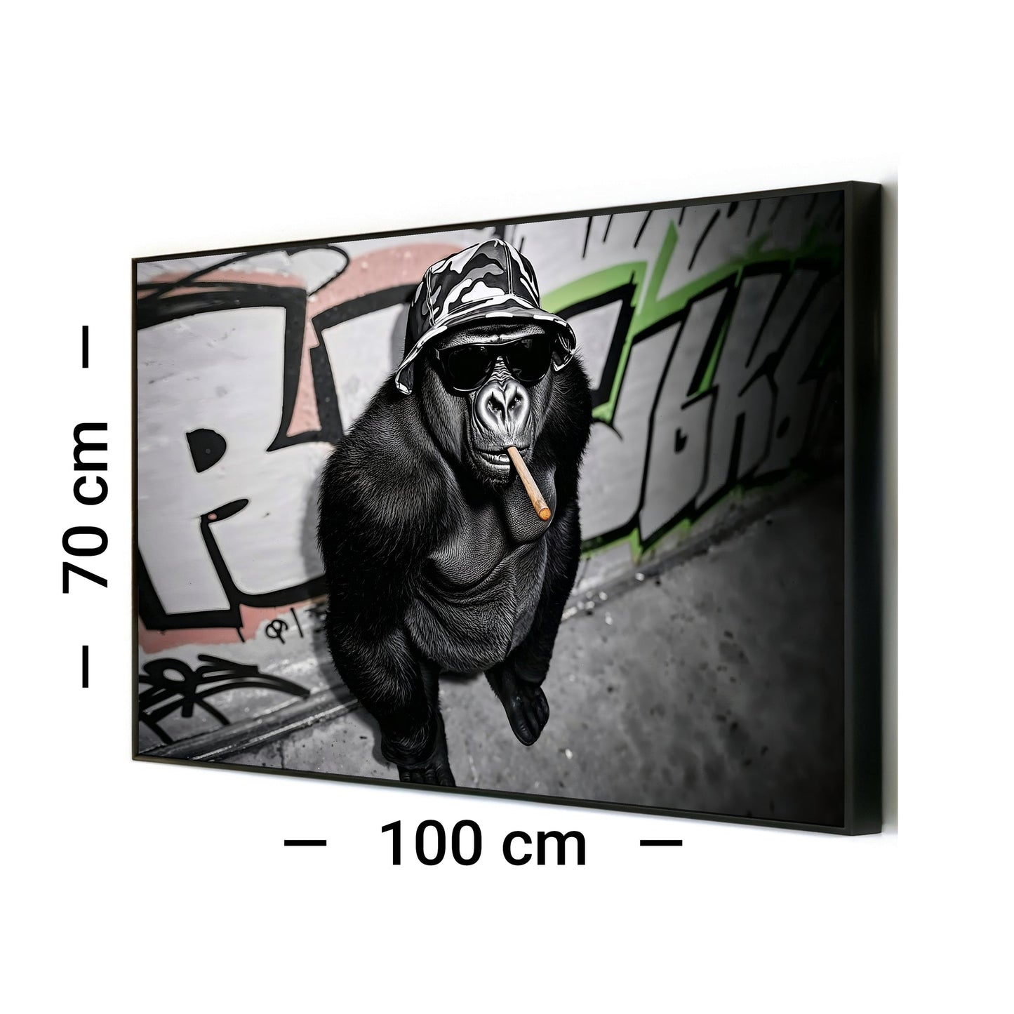 Urban Gorilla - Arts To GloryUrban GorillaDigital Wall ArtArts To GloryFramed urban gorilla artwork with clear 100x70cm sizing label for scale reference.