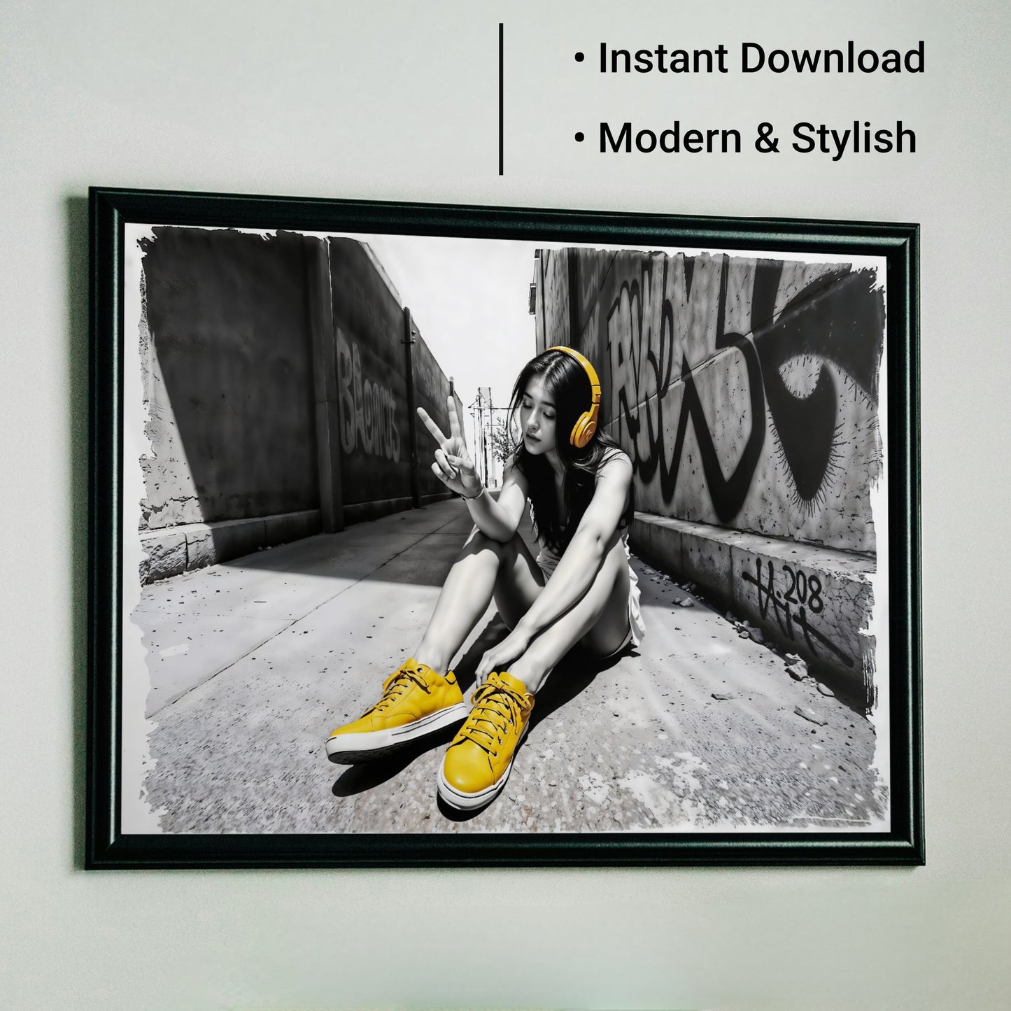 Urban Peace - Arts To GloryUrban PeaceDigital Wall ArtArts To GloryModern living room displaying urban street art of a woman with yellow headphones in graffiti setting.