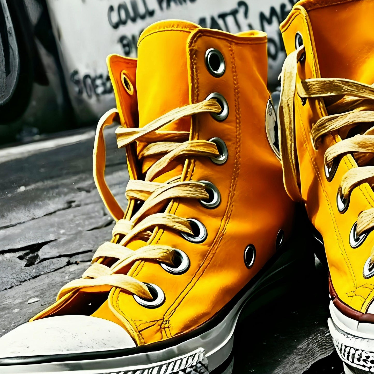 Urban Yellow - Arts To GloryUrban YellowDigital Wall ArtArts To GloryClose - up artwork showcasing detailed yellow trainers in edgy urban graffiti surroundings, perfect for contemporary spaces.