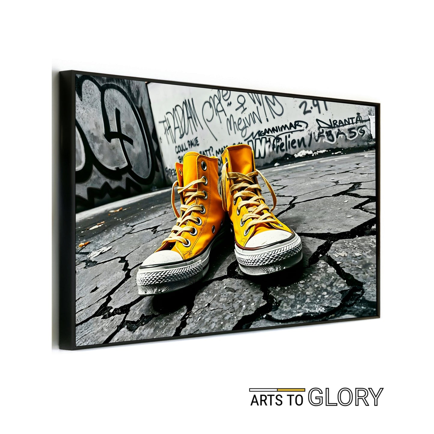 Urban Yellow - Arts To GloryUrban YellowDigital Wall ArtArts To GloryBold urban pop - art digital print of vibrant yellow trainers on a graffiti - covered street, ideal for modern home décor by Arts To Glory.