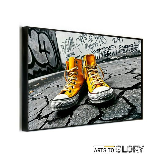 Urban Yellow - Arts To GloryUrban YellowDigital Wall ArtArts To GloryBold urban pop - art digital print of vibrant yellow trainers on a graffiti - covered street, ideal for modern home décor by Arts To Glory.