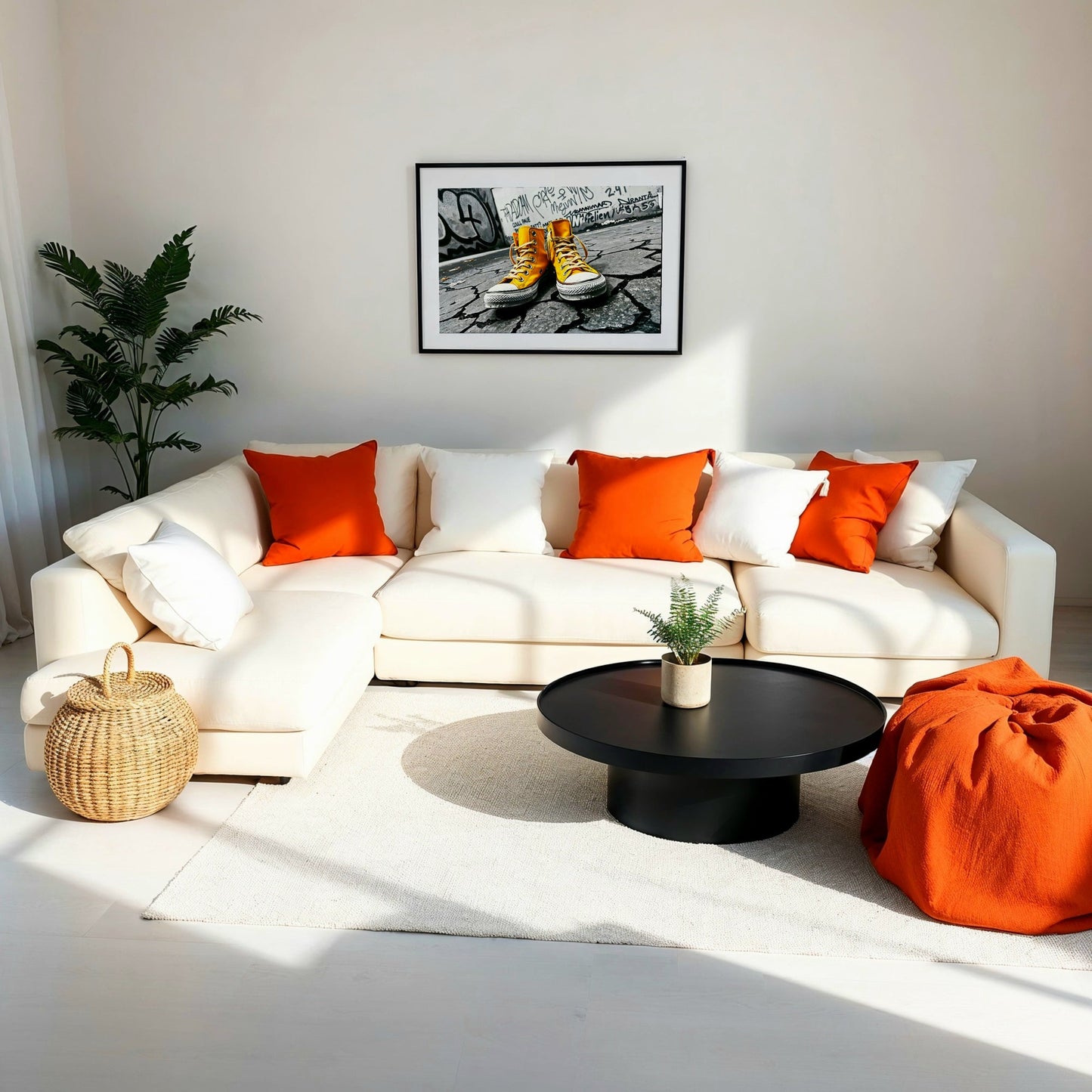 Urban Yellow - Arts To GloryUrban YellowDigital Wall ArtArts To GloryBright, minimalistic living room with cream sofa, natural elements, and framed digital print of yellow trainers urban art piece, adding stylish vibrancy.