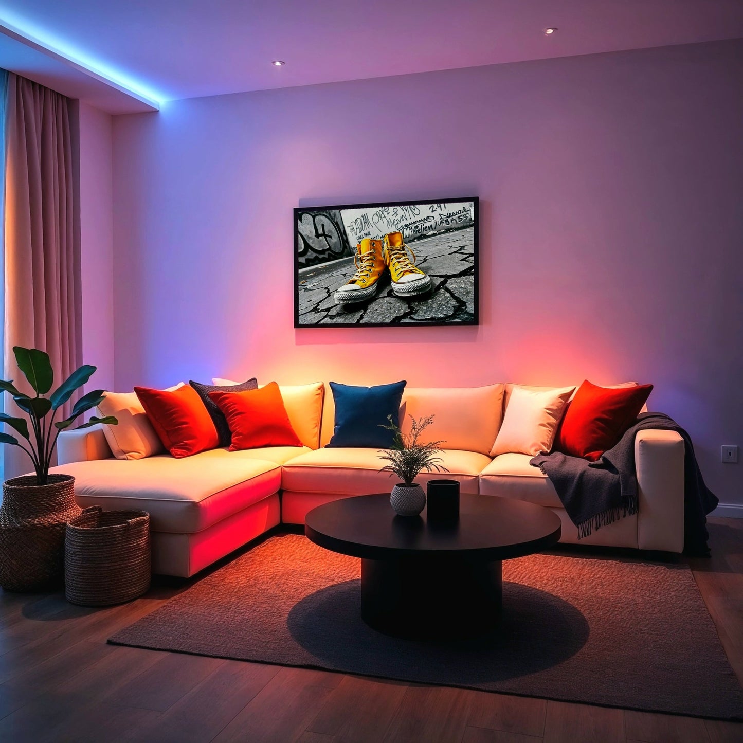 Urban Yellow - Arts To GloryUrban YellowDigital Wall ArtArts To GloryContemporary living room with warm LED lighting, a cream sectional sofa, and urban pop - art print featuring vibrant yellow trainers, enhancing a modern evening ambience.