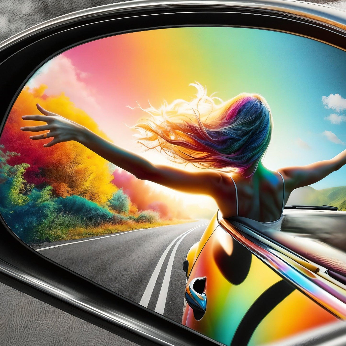 Vivid Freedom | Euphoria in Reflection AI Digital Art Poster | Home Decor | Digital Download | 100 x 70 cm (3:2 Ratio) - Arts To GloryVivid Freedom | Euphoria in Reflection AI Digital Art Poster | Home Decor | Digital Download | 100 x 70 cm (3:2 Ratio)Colourful ExpressionsArts To GloryVibrant image seen from a car's interior, capturing a woman with multicoloured hair outstretched in joy against a backdrop of a vividly coloured landscape, conveying freedom and the thrill of a road trip.