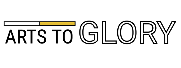 A minimalist black and white logo with the text ‘ARTS TO GLORY’, accompanied by a stylized, horizontal brush stroke that is partially coloured in yellow.