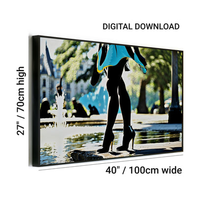 City Park Silhouette | Elegant Woman with Blue Skirt and High Heels by Fountain | Striking Urban Art | 100 x 70 cm - Arts To GloryCity Park Silhouette | Elegant Woman with Blue Skirt and High Heels by Fountain | Striking Urban Art | 100 x 70 cmColourful ExpressionsArts To GloryArts to Glory digital art print featuring a silhouette of a woman in a blue skirt and high heels by a city park fountain, branded with the Arts to Glory logo.