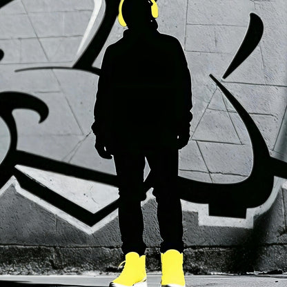 Silhouette Streetwear - Arts To GlorySilhouette StreetwearDigital Wall ArtArts To GloryUrban - style digital artwork featuring a bold silhouette in yellow footwear and headphones on a gritty street.