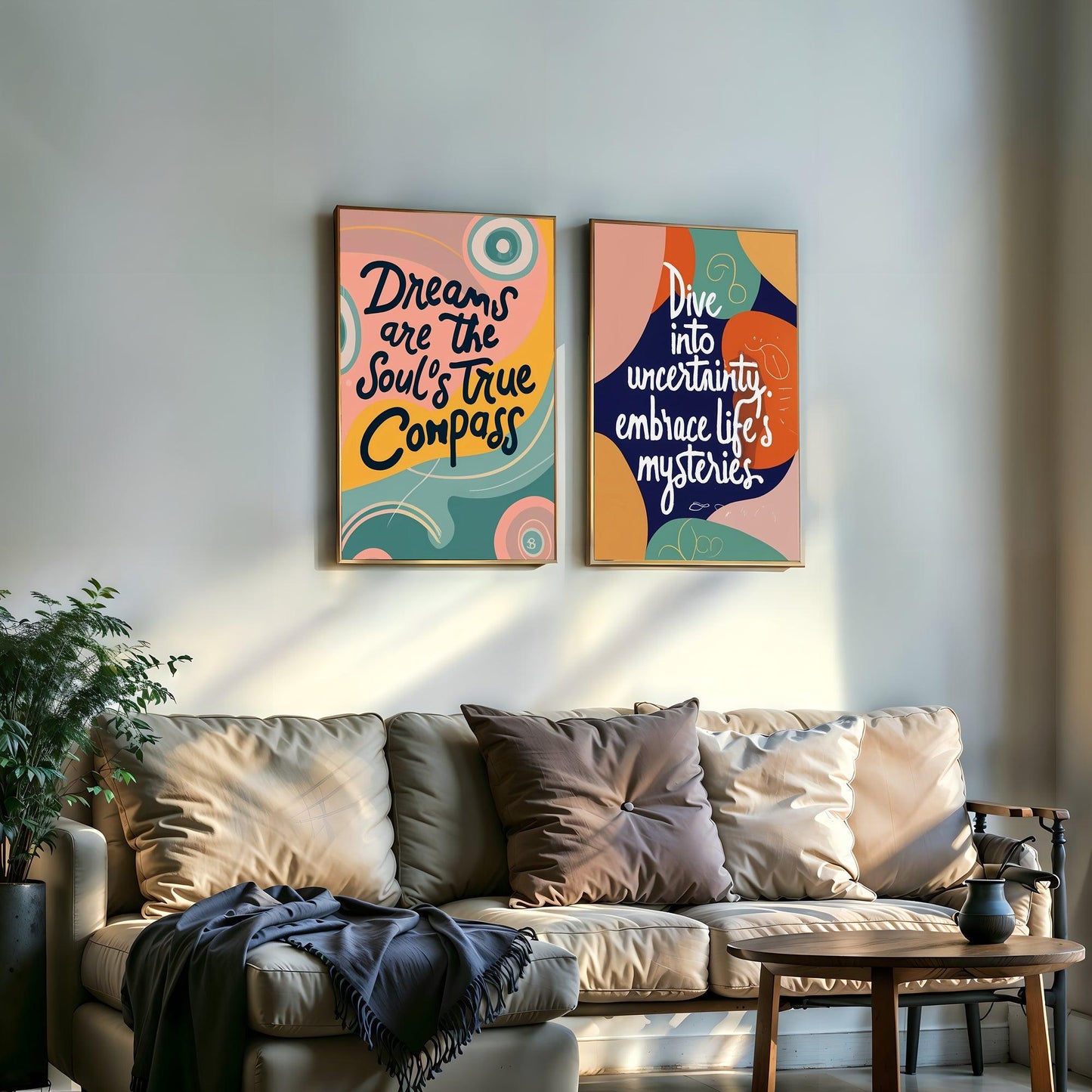 Abstract Motivational Art | Set of 10 Vibrant Inspirational Posters | Uplift Your Space | Wall Decor | 24 x 36 inches (3:2 Ratio) | Modern Home Office Art - Arts To GloryAbstract Motivational Art | Set of 10 Vibrant Inspirational Posters | Uplift Your Space | Wall Decor | 24 x 36 inches (3:2 Ratio) | Modern Home Office ArtTextual NarrativesArts To GloryAbstract Motivation wall art set in living space, featuring 10 vibrant art posters. One reads Dreams are the soul's true compass and another Dive