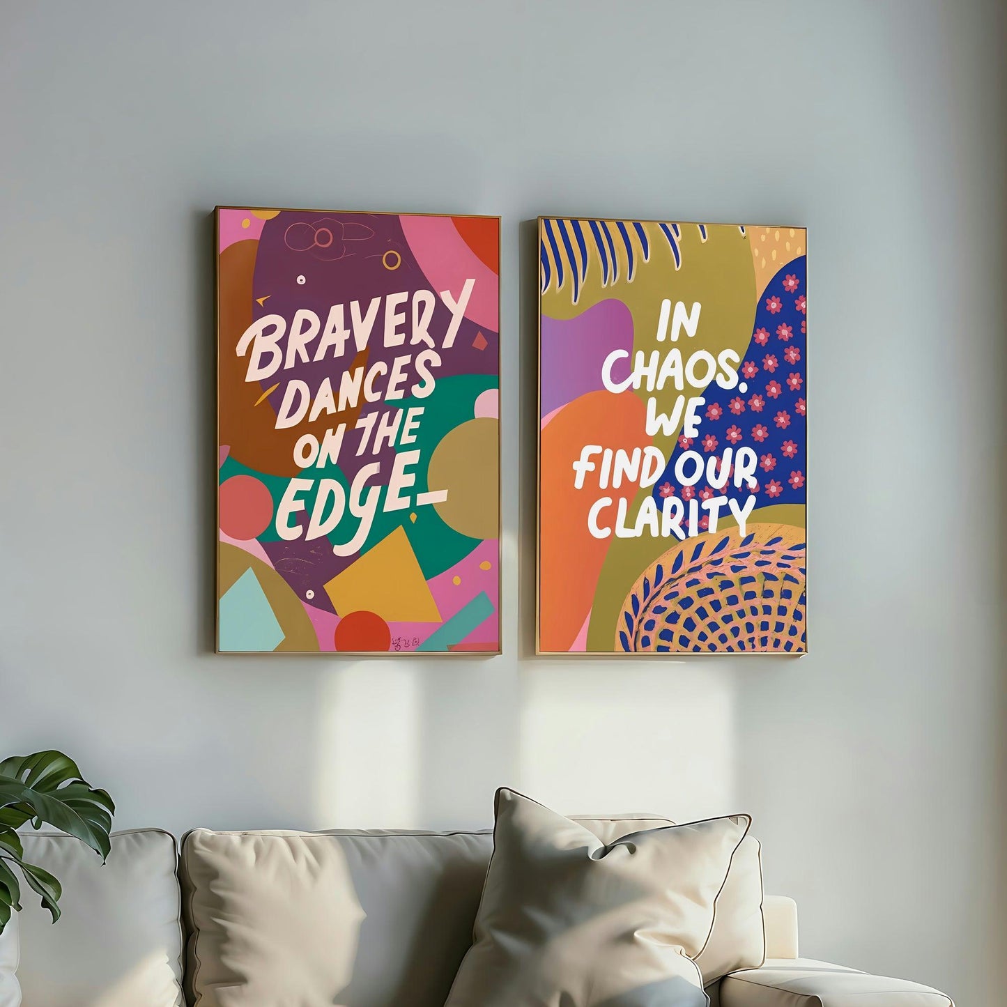 Abstract Motivational Art | Set of 10 Vibrant Inspirational Posters | Uplift Your Space | Wall Decor | 24 x 36 inches (3:2 Ratio) | Modern Home Office Art - Arts To GloryAbstract Motivational Art | Set of 10 Vibrant Inspirational Posters | Uplift Your Space | Wall Decor | 24 x 36 inches (3:2 Ratio) | Modern Home Office ArtTextual NarrativesArts To GloryVibrant two-panel wall art set with abstract shapes and bold typography, the left stating 'BRAVERY DANCES ON THE EDGE' against a playful backgrou