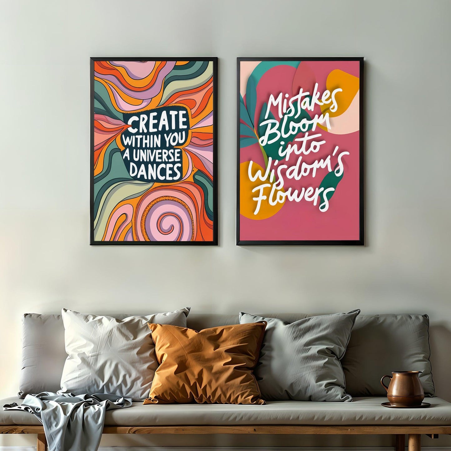 Abstract Motivational Art | Set of 10 Vibrant Inspirational Posters | Uplift Your Space | Wall Decor | 24 x 36 inches (3:2 Ratio) | Modern Home Office Art - Arts To GloryAbstract Motivational Art | Set of 10 Vibrant Inspirational Posters | Uplift Your Space | Wall Decor | 24 x 36 inches (3:2 Ratio) | Modern Home Office ArtTextual NarrativesArts To GloryAbstract wall art set in a cosy living room; one poster with Create within you a universe dances in a swirl of colours, next to Mistakes bloom in