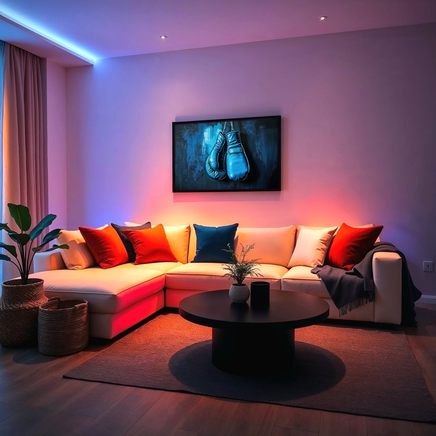 Blue Boxing Gloves - Arts To GloryBlue Boxing GlovesDigital Wall ArtArts To GloryA contemporary living room with ambient LED lighting and a framed bold blue boxing gloves artwork, creating a dramatic and empowering atmosphere.